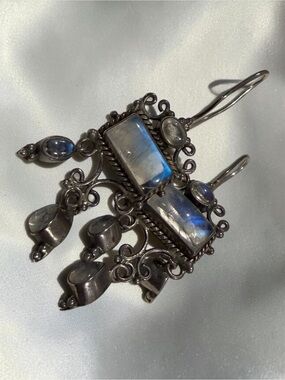 Silver Moonstone Chandelier Earrings – Blue Flash